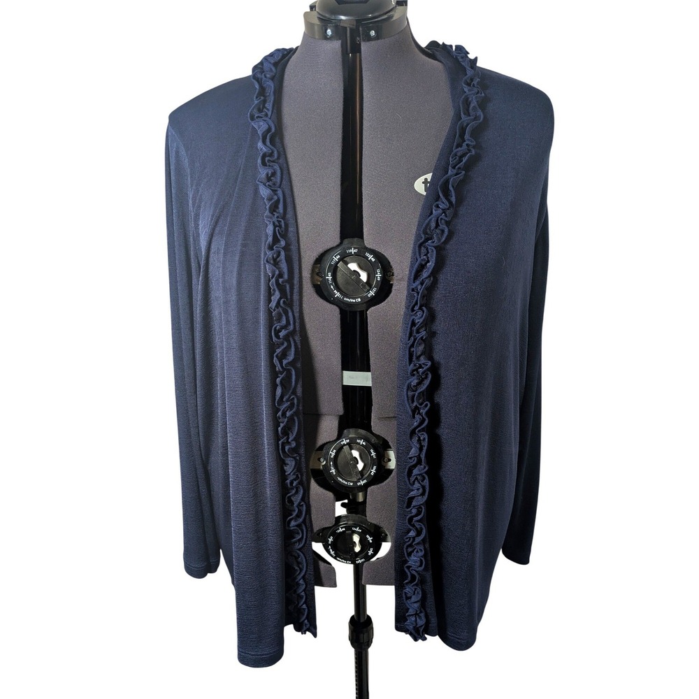 VTG Y2K Passports Woman Navy Blue Ruffle Trim Open Front Slinky Knit Cardigan 2X